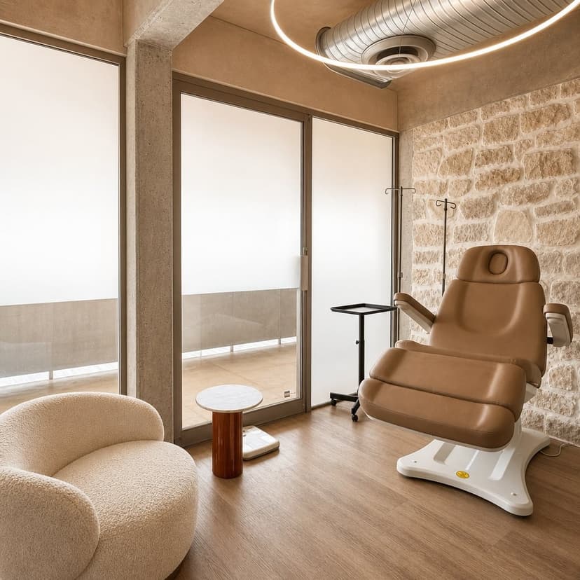 Rituel Med Spa treatment room with IV chair and stone wall
